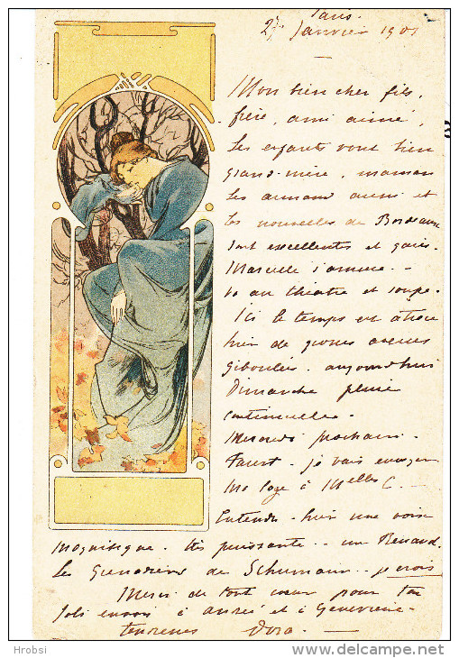 Illustrateur MUCHA Alphonse, Femme à La Robe Bleue, écrite Tres Proprement - Mucha, Alphonse