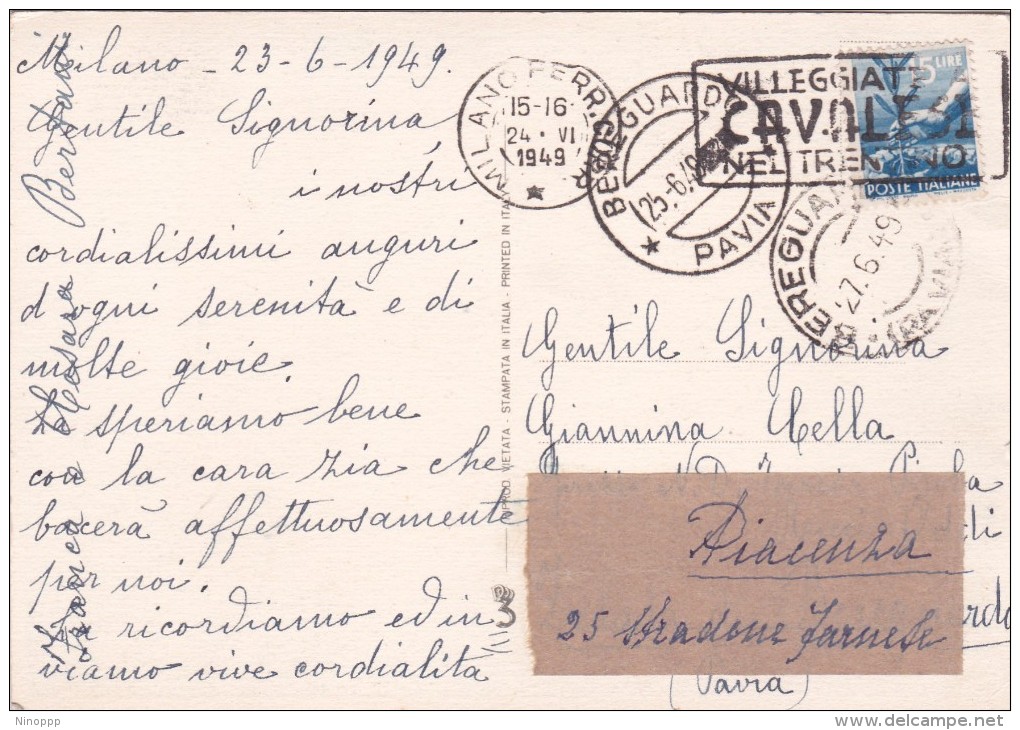 Italy 1949 Used Postcard Milano Postmark Villegiate A Cavallese - Interi Postali