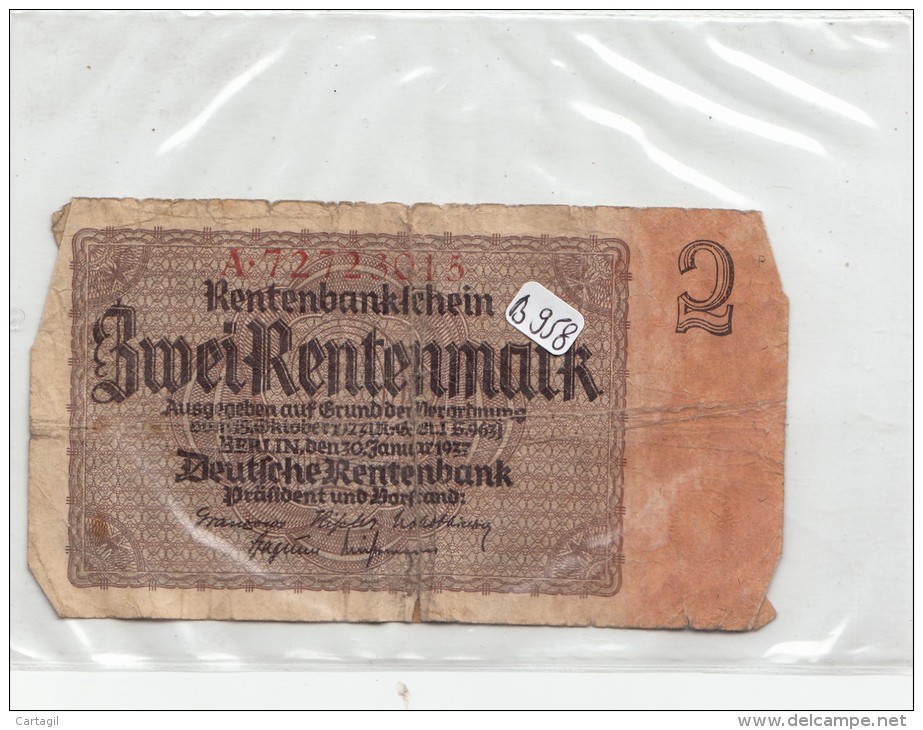 Billets - B958 -  Allemagne  - Billet  2 Rentenmark 1937 En L´état ( Type, Nature, Valeur, état... Voir 2 Scans) - Otros & Sin Clasificación