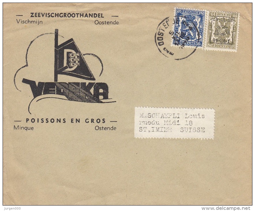 Nr 554 Met Bijfrankering, Zeevischgroothandel Vischmijn Oostende Naar St. Imier Suisse (7675) - Typos 1936-51 (Petit Sceau)