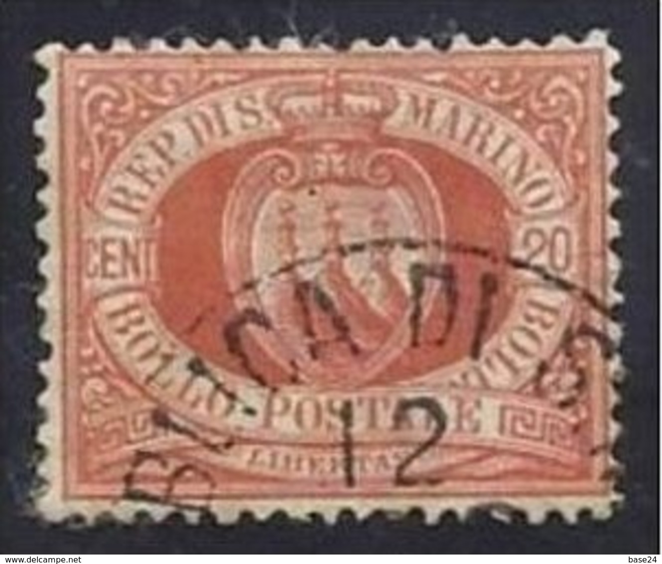 1877 San Marino Saint Marin CIFRA O STEMMA 20c Rosso (4) Usato USED - Oblitérés