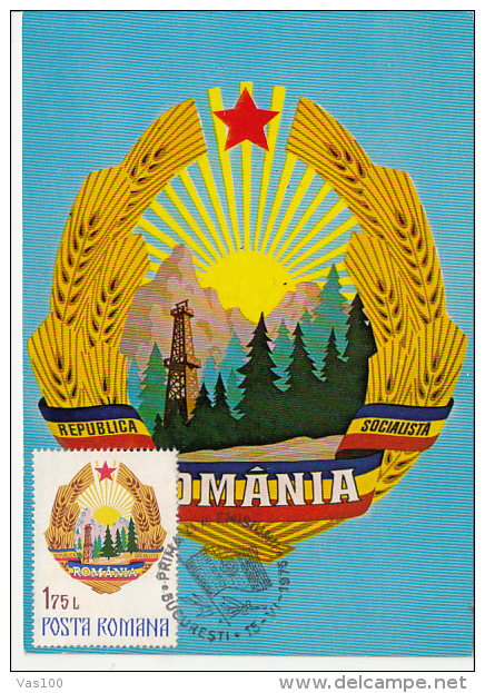 SOCIALIST REPUBLIC COAT OF ARMS, CM, MAXICARD, CARTES MAXIMUM, OBLIT FDC, 1975, ROMANIA - Maximumkaarten
