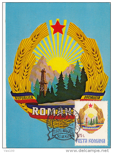 SOCIALIST REPUBLIC COAT OF ARMS, CM, MAXICARD, CARTES MAXIMUM, 1977, ROMANIA - Cartes-maximum (CM)