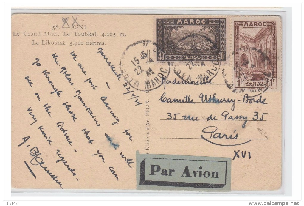 MAROC -- CARTE POSTALE OBLITERE A 1.40FR POUR PARIS -- CP 1934 -- - Maroc (1956-...)