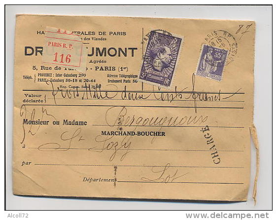 LETTRE Chargée Avec TP N°363 + N° 338 Cachet Départ Paris Avec Arrivée St Sozy Lot - Lettres & Documents