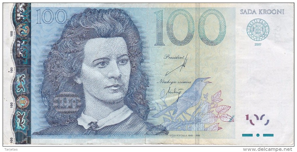 BILLETE DE ESTONIA DE 100 KROONI DEL AÑO 2007 SERIE ZZ (BANK NOTE) REPLACEMENT - Estonia
