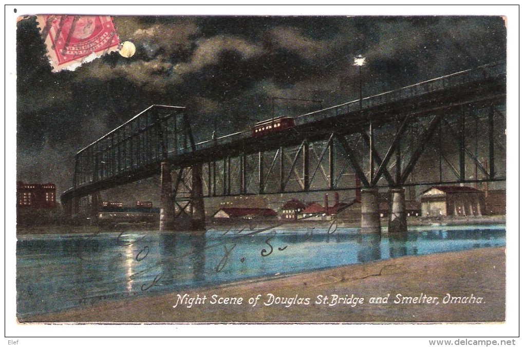 Night Scene Of Douglas St Bridge And Smelter ; Train ; OMAHA , Nebraska USA , 1908, TB - Omaha