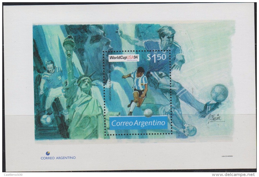 O) 1994 ARGENTINA, WORLD CUP USA 94, 1986 CHAMPION ARGENTINA, SOUVENIR MNH - Nuevos