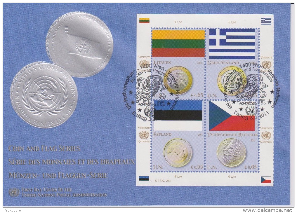 United Nations Vienna FDC Mi 691-692 / 695-696 Flags And Coins - Lithuania - Greece - Estonia - Czech Republic - 2011 - FDC