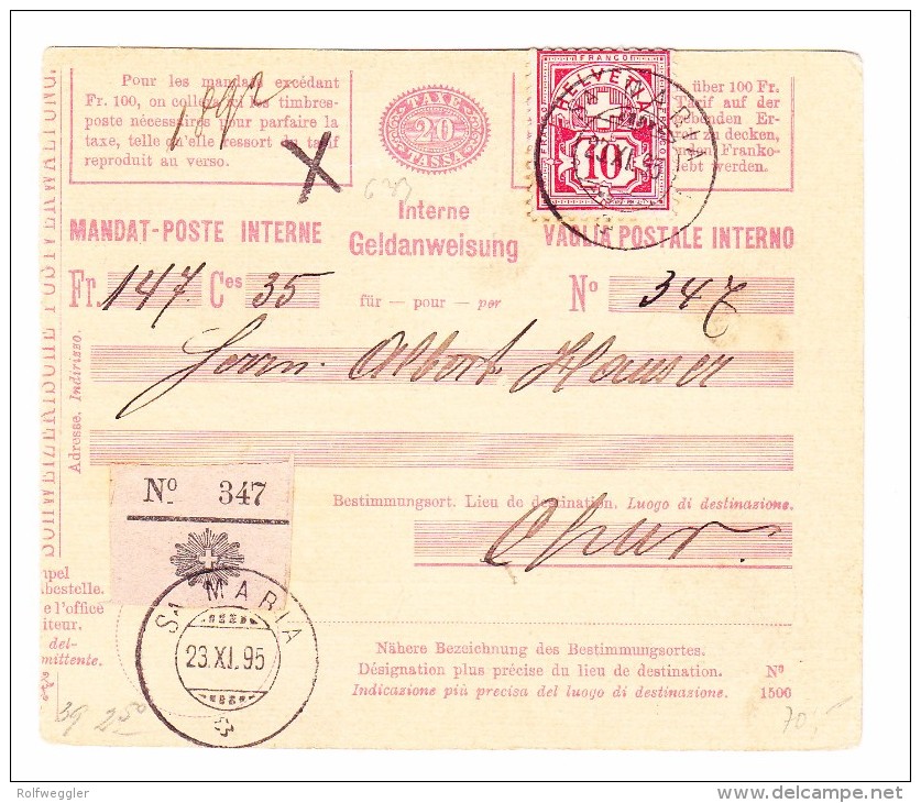 Heimat GR SA MARIA 23.11.1895 Auf Int. Geldanweisung  Beleg Nach Chur - Lettres & Documents