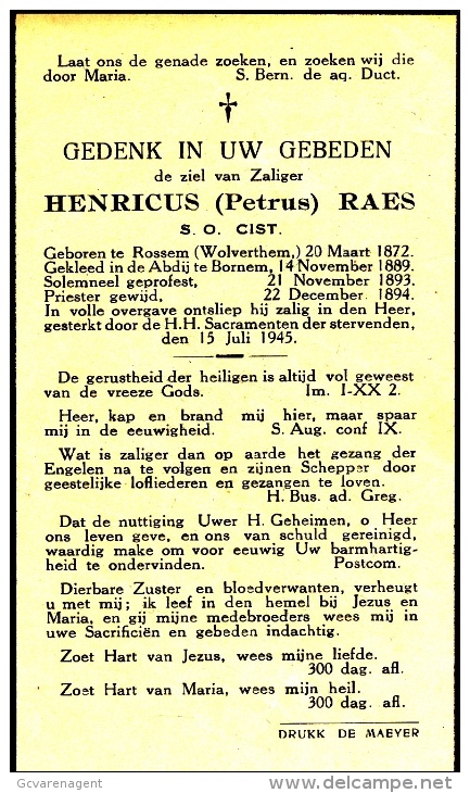 DOODSPRENTJE : PRIESTER HENRICUS RAES - ROSSEM 1872 - 1945 - Imágenes Religiosas