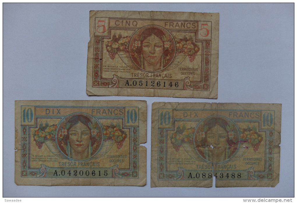 BILLET FRANCE - TRESOR FRANCAIS - LOT DE 3 BILLETS - 10 Frs X 2 + 5 Frs - 1947 French Treasury