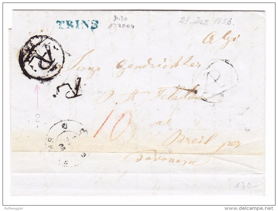 Heimat GR TRINS Balkenstempel Blau Auf Brief Flims 29.12.1853 - 1843-1852 Kantonalmarken Und Bundesmarken