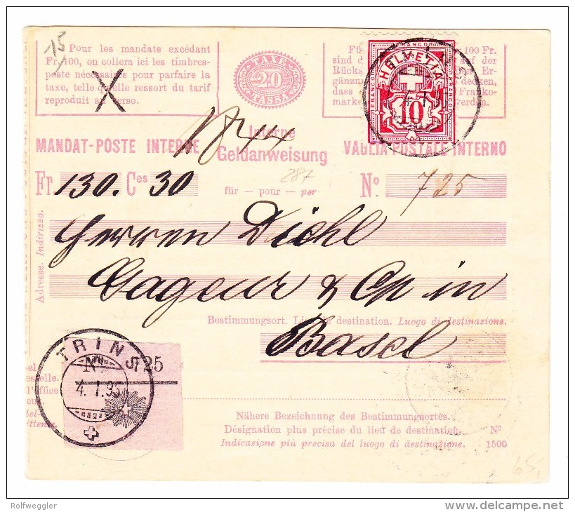 Heimat GR TRINS 4.1.1895 Mit 10Rp. WZ Auf Geldanweisung Beleg Nach Basel - Lettres & Documents