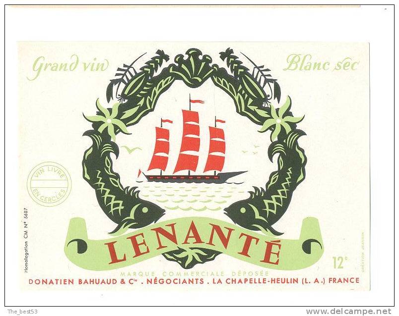 Etiquettes   De  Vin Blanc Sec -   Lenanté -  Donatien Bahuaud à La Chapelle Heulin (44)- Thème Bateau, Fruits De Mer - Barcos De Vela & Veleros