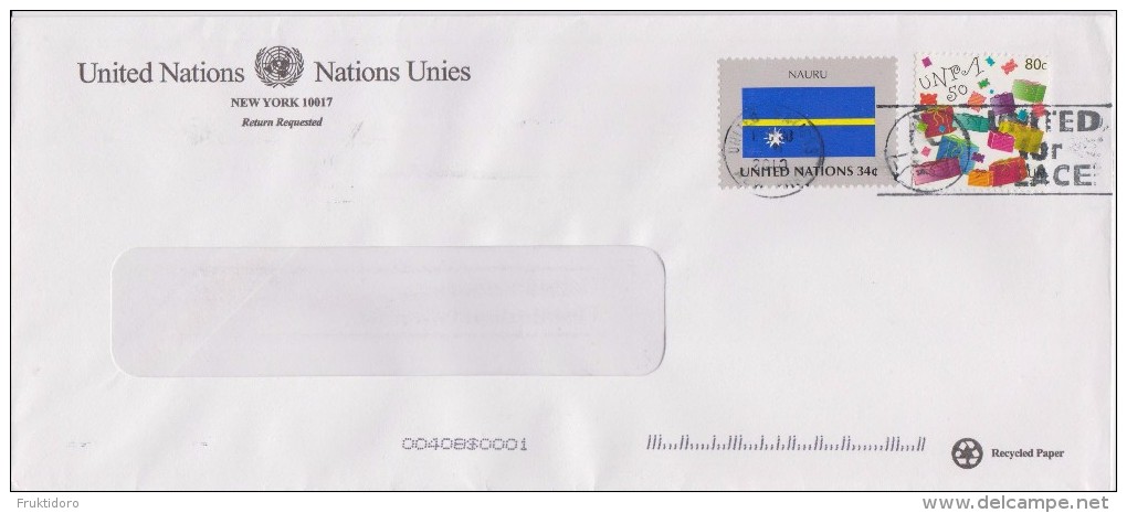 United Nations Envelope New York With Mi 869 Flags - Nauru - Mi 882 UN Postal Service - Brieven En Documenten