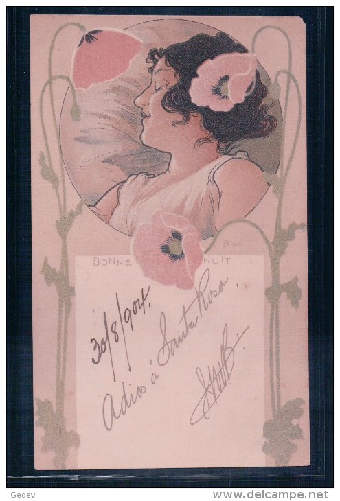 B Wennerberg, Femme Et Fleurs, Art Nouveau, Bonne Nuit, Litho (370) Angle Haut Droite Endommagé - Autres & Non Classés