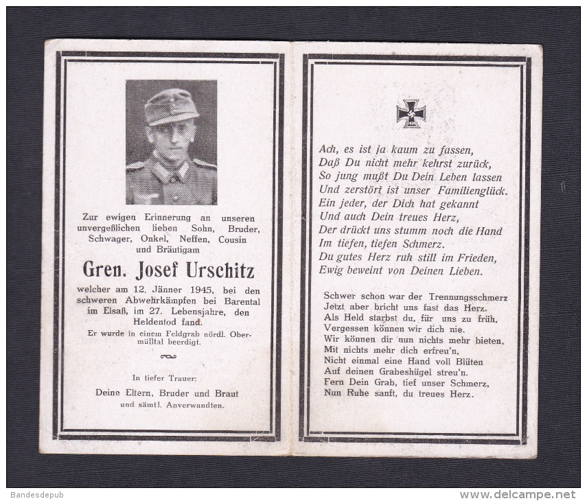 Souvenir Zur Erinnerung An Gren. Josef Urschitz ( Soldat Allemand Décédé Combat Près De Barenthal En 1945 Guerre 1939- - 1939-45