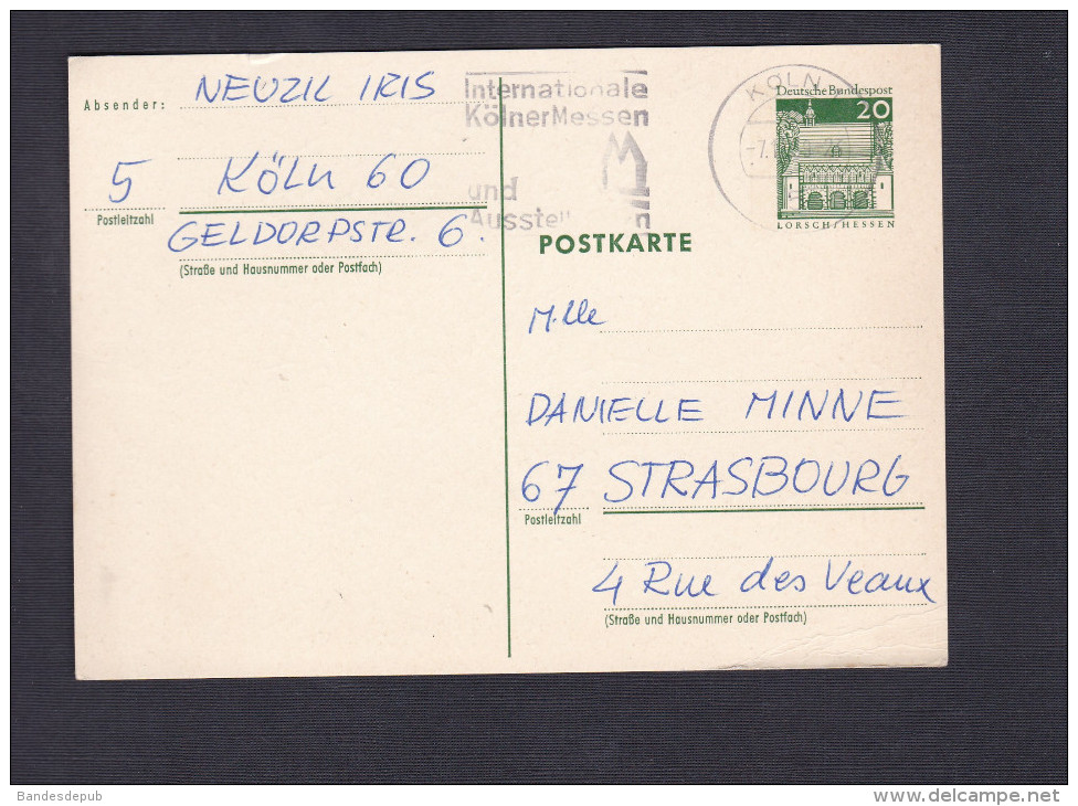 Entier Postal Postkarte De Koln Vers Strasbourg - Other & Unclassified