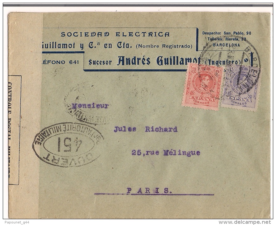 Lettre Publicitaire Espagne Barcelona 1917 Destination Paris + Censure - Marques De Censures Républicaines