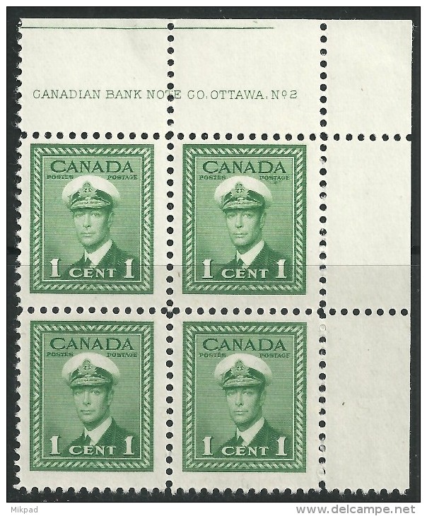 Canada 1942 1c Block Of 4 - Mint - Neufs