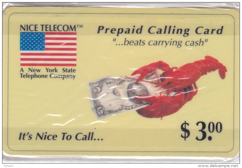 United States,Nice Telecom, Prepaid Calling Card "beats Carrying Cash", Lobster, Mint Only 3.000 Issued, 2 Scans. - Amerivox