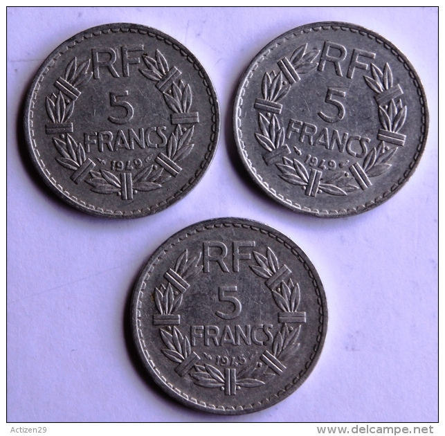 Lot De 3 Pièces De 5F TYPE LAVRILLIER Alu 1949x2-1945 - Autres & Non Classés