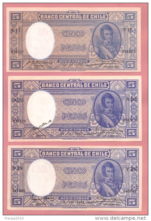 Uncirculated  Banknotes Of Cinco Pesos - Date: 1937 - 1940 -1942 - FDS  -  Pick 91c - Chile