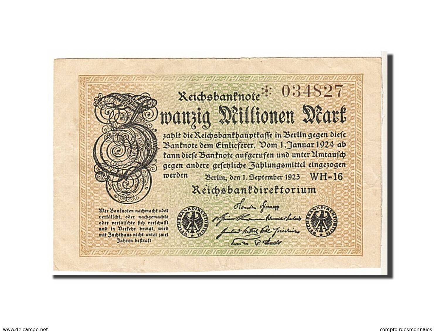 Billet, Allemagne, 20 Millionen Mark, 1923, KM:108b, TTB - 20 Mio. Mark