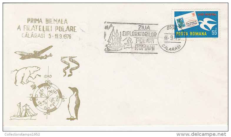 3313FM- POLAR EXPLORERS DAY, POLAR BEAR, PENGUIN, PLANE, SHIP, SPECIAL COVER, 1976, ROMANIA - Explorateurs & Célébrités Polaires