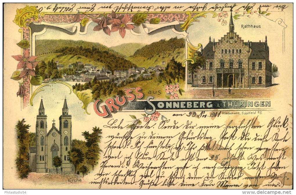 SONNEBERG, Gruss Aus ..., Rathaus, Kirche, Panorama, Wiedemann, Saalfeld, Gelaufen 1901 - Autres & Non Classés