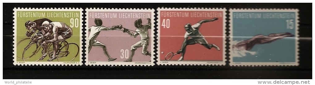 Liechtenstein 1958 N° 327 / 30 ** Sport, Natation, Escrime, Tennis, Cyclisme, Vélo, Piscine, Plongeon, Epée, Sprint - Neufs