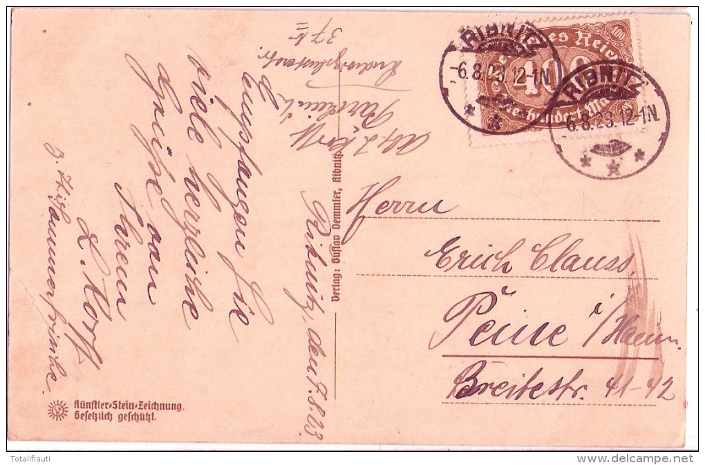 RIBNITZ Mecklenburg Rostocker Tor Steindruck Monogramm R Inflafrankatur 400 Mark 6.8.1923 Gelaufen - Ribnitz-Damgarten