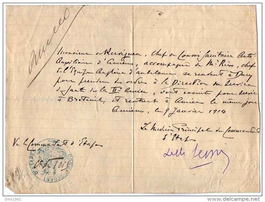 VP2438 - MILITARIA - Guerre 14 - 18  - AMIENS X BRETEUIL - Croix - Rouge - Note Du Médecin Principal Mr ? - Documents