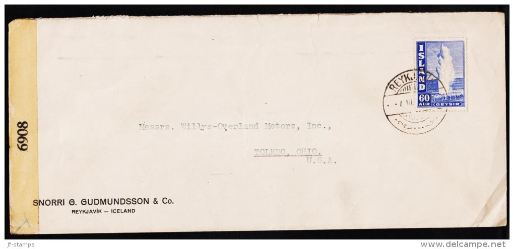 1943. Geysir. 60 Aur Blue. Perf. 14 EXAMINED BY 6908. To Toledo, Ohio, USA.  (Michel: 229A) - JF177235 - Cartas & Documentos