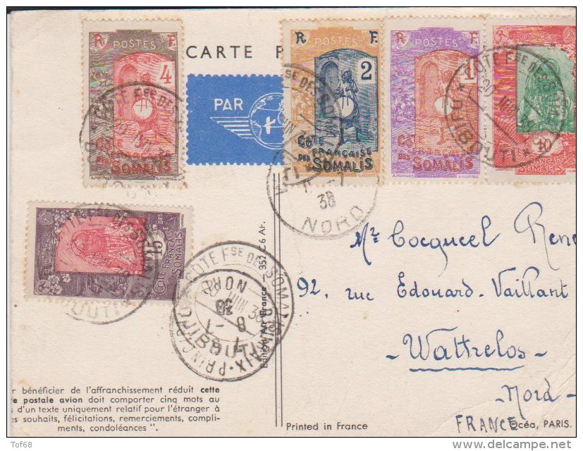 Carte Air France 1938 Cote Française De Somalis Colonie Française Pour Wattrelos - 1919-1938: Entre Guerres