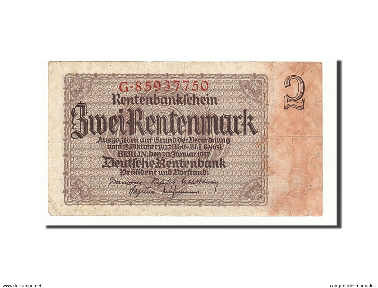 Billet, Allemagne, 2 Rentenmark, 1937, 1937-01-30, KM:174b, TB+ - [13] Bundeskassenschein