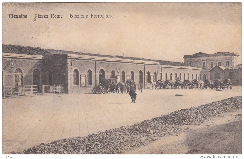 10207-MESSINA-PIAZZA ROMA-STAZIONE FERROVIARIA-ANIMATA-1915-FP - Gares - Sans Trains