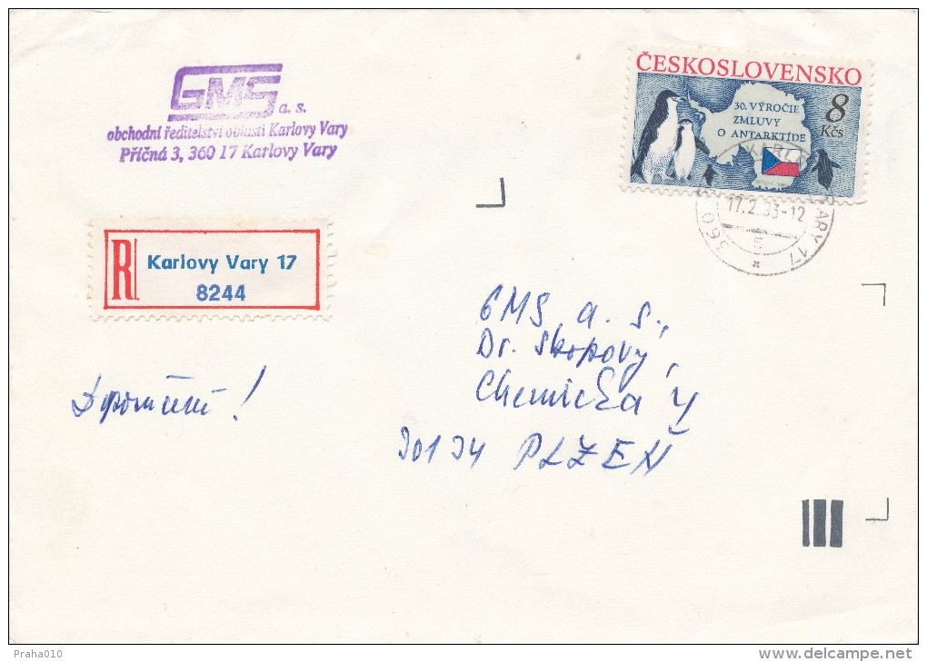 K5454 - Czech Rep. (1993) 360 17 Karlovy Vary 17 (R-label) Tariff: 8Kc (czechoslovak! Stamp: 30 Years Antarctic Treaty) - Antarktisvertrag