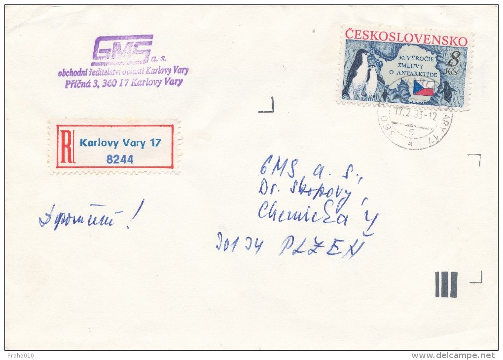 K5454 - Czech Rep. (1993) 360 17 Karlovy Vary 17 (R-label) Tariff: 8Kc (czechoslovak! Stamp: 30 Years Antarctic Treaty) - Traité Sur L'Antarctique