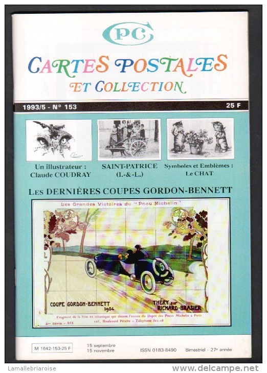 REVUE: CARTES POSTALES ET COLLECTION, N°153, 1993/5, LES DERNIERES COUPES GORDON BENETT - French