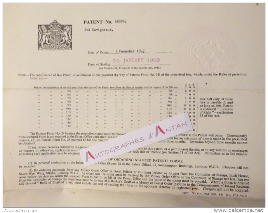 1952 - GEORGE VI - Brevet Officiel (PATENT) Invention De Pol RAVIGNEAUX Ingénieur Automobile Français Great Britain UK - Autres & Non Classés