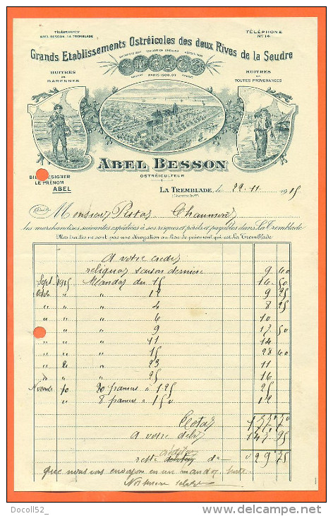 17  La Tremblade  " Facture Abel Bresson - Etablissement Ostreicole Des Deux Rives - Alimentare