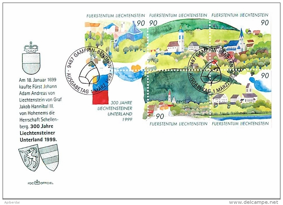 Liechtenstein - 1999 Tricentenaire Unterland FDC - Covers & Documents