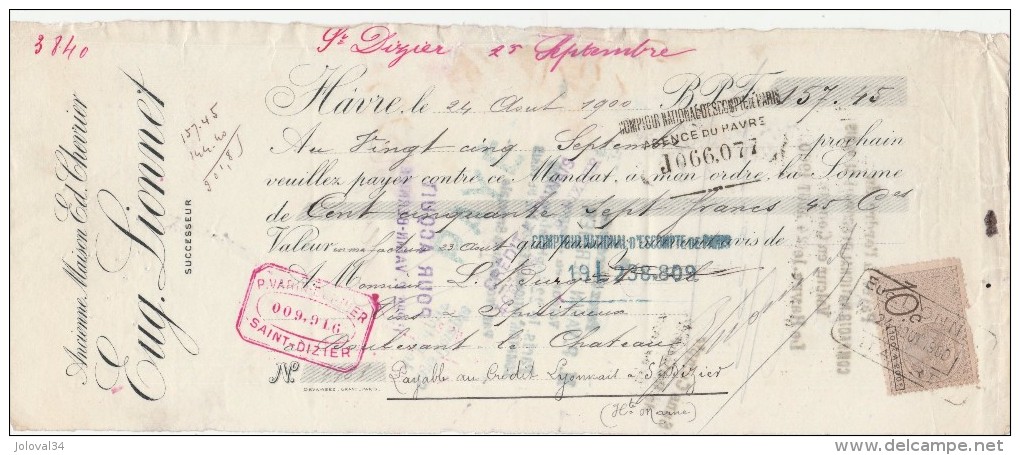 Lettre Change 24/8/1900 Eug. LIONNET Ex Chevrier Distillerie LE HAVRE Seine Maritime Pour Doulevant 52 - Lettres De Change