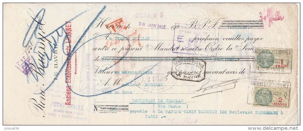 Lettre Change 28/6/1928 René BAUSSY Ex LIONNET Distillerie LE HAVRE Seine Maritime Pour Doulevant 52 - Lettres De Change