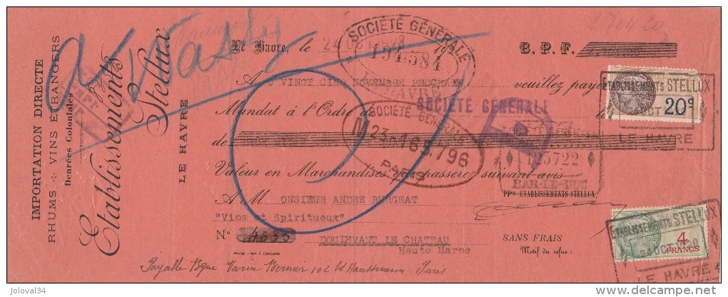 Lettre Change 24/10/1928 Ets STELLUX Vins Rhums LE HAVRE Seine Maritime Pour Doulevant 52 - Lettres De Change