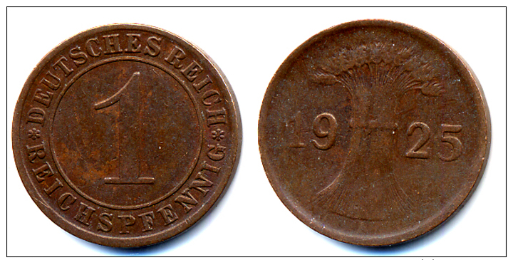 1925 Germany 1 Pfennig Coin - 1 Rentenpfennig & 1 Reichspfennig