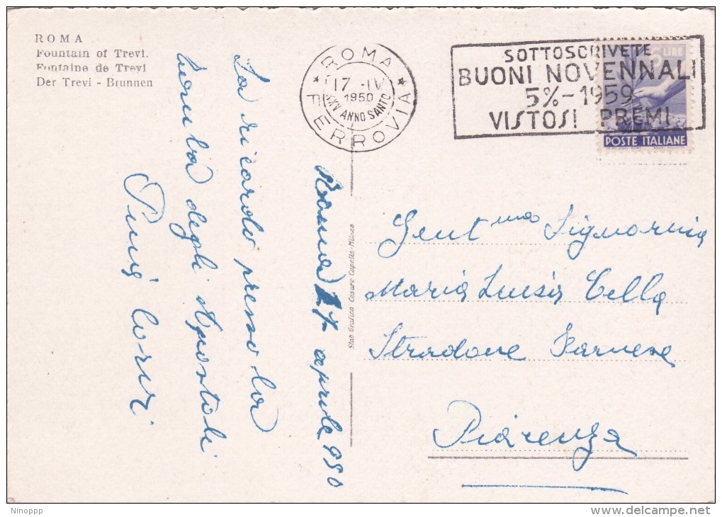 Italy 1950 Used Postcard Roma Fontana Di Trevi, Postmark Sottoscrivete Buoni Novennali 5% - Stamped Stationery