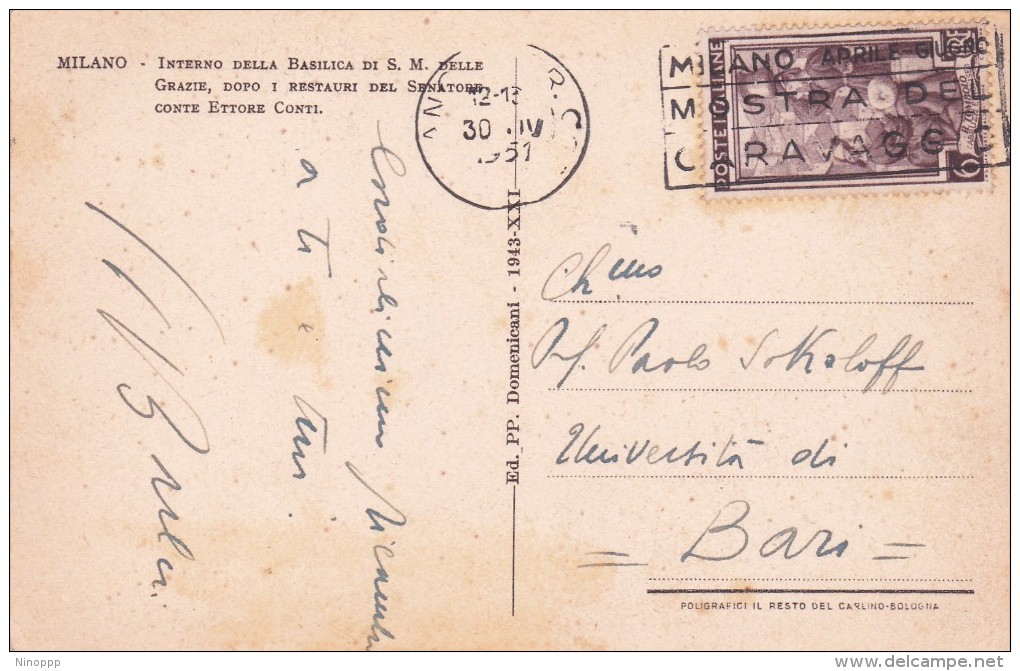 Italy 1951 Used Postcard, Milano Interno Della Basilica Di S, M.Delle Grazie, Postmark Milano Mostra Del Caravaggio.ton - Interi Postali